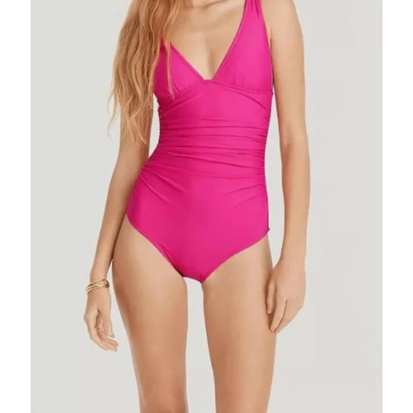 J Crew Womens 6 Pink Fuschia Ruched V-Neck Slimming One Piece Swimsuit NWT - Picture 1 of 6